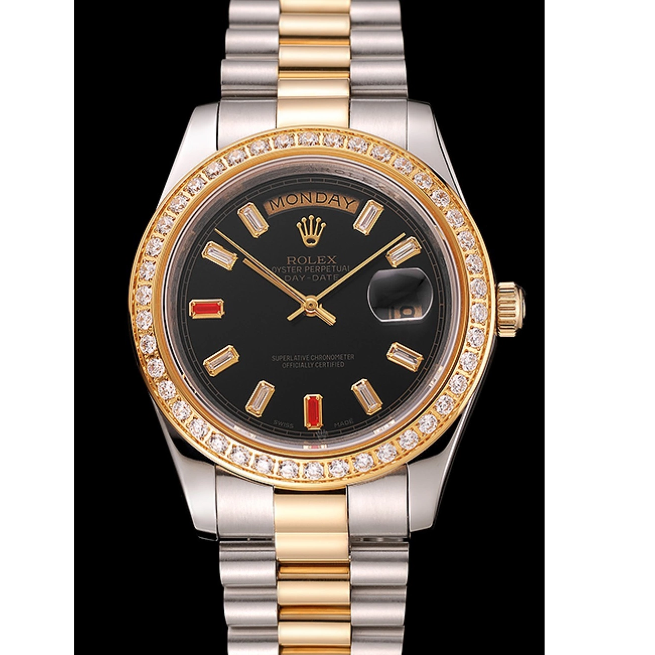 Aaa replica watch Day-Date And Bracelet Rubies Tone Diamonds 1454105 Dial Two Rolex Black Swiss 0824